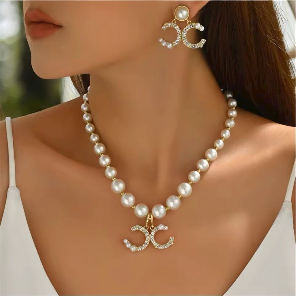 Double Letter CC Elegant Faux Pearl and Rhinestones Necklace and Earring Set.